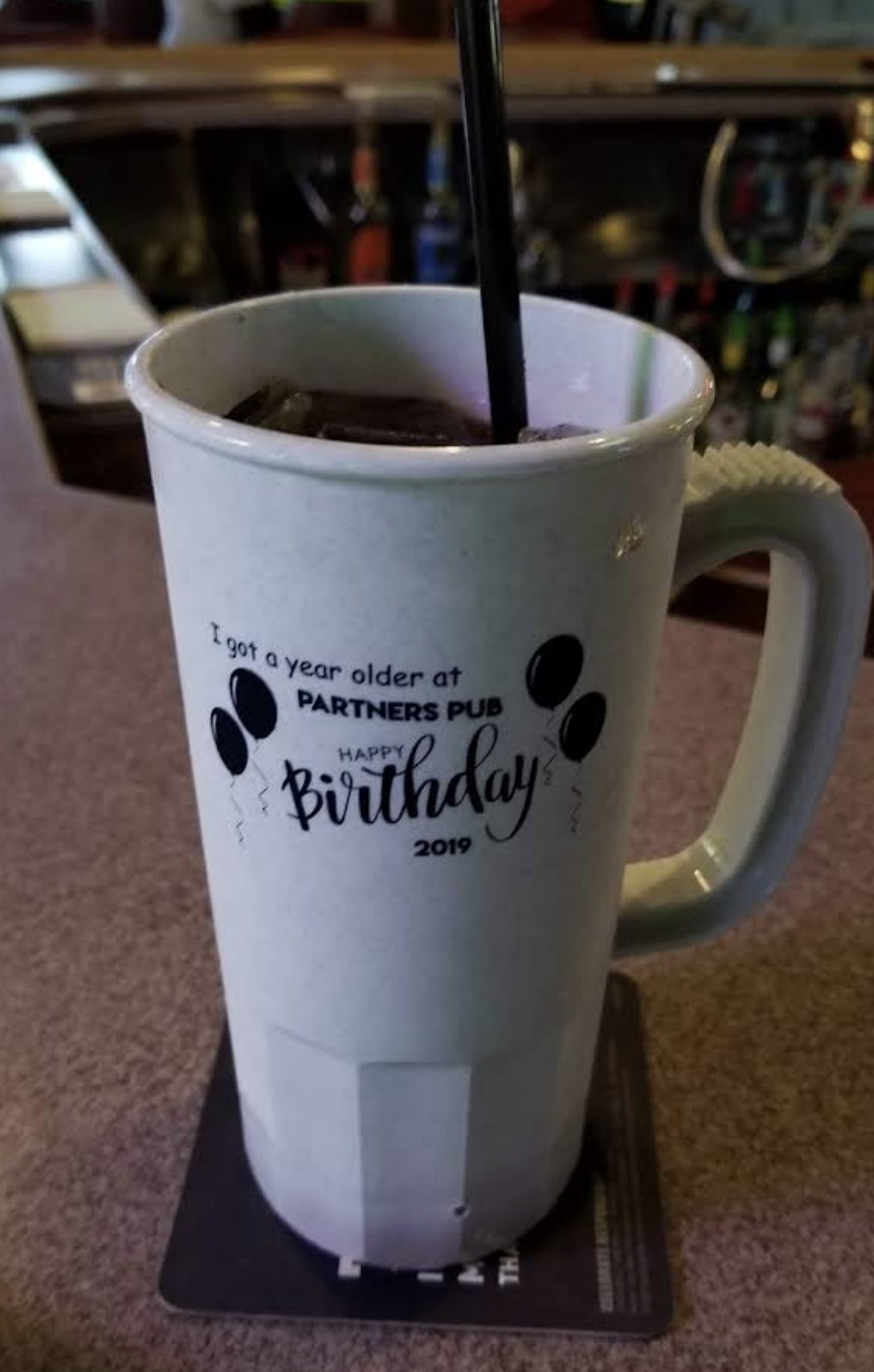 Happy Birthday mug at Partner's Pub